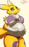  anthro belly big_belly big_breasts bikini breasts clothed clothing digimon female front_view fur j5furry neck_tuft pregnant renamon solo standing swimsuit tuft 