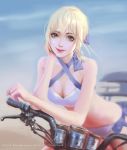  artist_name artoria_pendragon_(all) artoria_pendragon_(swimsuit_archer) bangs bicycle bikini blonde_hair blue_bow bow breasts cleavage closed_mouth commentary dated english_commentary fate/grand_order fate_(series) green_eyes ground_vehicle hair_bow highres lipstick looking_at_viewer makeup mars_foong medium_breasts pink_lipstick short_hair smile solo speedpaint swimsuit white_bikini 
