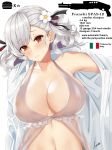 alternate_costume arm_up bangs black_ribbon blush breasts camisole cleavage closed_mouth collarbone collared_shirt commentary covered_nipples embarrassed english_commentary eyebrows_visible_through_hair flower girls_frontline hair_flower hair_ornament hair_ribbon highres italian_flag italy large_breasts long_hair looking_at_viewer navel open_clothes open_shirt piukute062 red_eyes ribbon see-through shiny shiny_skin shirt sidelocks signature silver_hair simple_background solo spas-12_(girls_frontline) stats stomach twintails wavy_mouth weapon white_background white_shirt 
