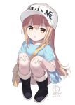  :o artist_logo artist_name bag bangs baseball_cap black_footwear blonde_hair blue_shirt capriccio child commentary_request dated eyebrows_visible_through_hair full_body hair_between_eyes hands_on_own_knees hat hat_writing hataraku_saibou long_hair looking_at_viewer platelet_(hataraku_saibou) shirt short_sleeves shorts shoulder_bag simple_background sketch_eyebrows solo squatting translation_request white_hat white_shirt white_shorts yellow_eyes 