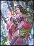  artist_name bracelet copyright_name flower green_hair highres jewelry leaf legend_of_the_cryptids long_hair maple_leaf necklace official_art red_eyes sparkle thighhighs tiara tree very_long_hair yu-han_chen 
