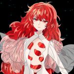  1other alternate_costume androgynous crystal_hair gem houseki_no_kuni kogatarou long_hair looking_at_viewer open_clothes padparadscha_(houseki_no_kuni) red_eyes red_hair see-through_sleeves smile solo spoilers upper_body wavy_hair 