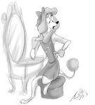  2013 3_toes 4_fingers anthro anthrofied bow canine clothing digital_drawing_(artwork) digital_media_(artwork) disney dog dress ehh123 eyelashes fur georgette greyscale hair_bow hair_ribbon mammal mirror monochrome oliver ribbons toes 