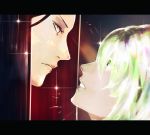  2others absurdres androgynous black_eyes black_hair bort colored_eyelashes crystal_hair diamond_(houseki_no_kuni) face-to-face highres houseki_no_kuni letterboxed long_hair looking_at_another multicolored multicolored_eyes multicolored_hair multiple_others rainbow_eyes rainbow_hair rin_(suzukasuteradx) short_hair 