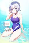  antenna_hair barefoot blue_eyes blue_swimsuit casual_one-piece_swimsuit character_name commentary_request dennou_shoujo_youtuber_shiro looking_at_viewer motsunuki one-piece_swimsuit partially_submerged shiro_(dennou_shoujo_youtuber_shiro) silver_hair sitting smile swimsuit virtual_youtuber wariza water 