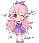  chibi dress fire_emblem fire_emblem_if hairband highres long_hair looking_at_viewer one_eye_closed pink_hair pomme_(lazzledazzle) purple_eyes ribbon simple_background smile soleil_(fire_emblem_if) solo 