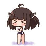  &gt;_&lt; :&lt; ahoge bare_arms bare_legs bare_shoulders barefoot blue_leotard blush brown_hair bunny_tail bunnysuit chibi closed_eyes facing_viewer full_body hana_kazari hands_up headgear leotard long_hair parted_lips red_eyes solo strapless strapless_leotard tail touhoku_kiritan triangle_mouth voiceroid white_background 