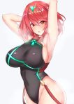  armpits breasts covered_navel earrings headpiece highres homura_(xenoblade_2) jewelry large_breasts one-piece_swimsuit red_eyes red_hair sankakusui sidelocks solo swimsuit tiara xenoblade_(series) xenoblade_2 