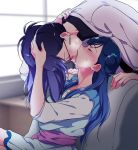  age_difference blue_hair blush closed_eyes earrings french_kiss from_side glasses hair_bun hugtto!_precure indoors jewelry kiss leaning_forward long_hair multiple_girls negom open_mouth precure purple_hair saliva sitting solo_focus upside-down_kiss yakushiji_saaya yuri 