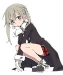  gloves grey_eyes grey_hair ixy long_sleeves looking_at_viewer maka_albarn plaid plaid_skirt red_skirt short_hair simple_background skirt solo soul_eater squatting twintails white_background white_gloves 
