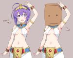  arm_up armpits bag_over_head bangle bracelet breasts egyptian_clothes fang hairband honda_naoki jashin-chan_dropkick jewelry medusa_(jashin-chan_dropkick) navel open_mouth purple_eyes purple_hair short_hair translated underboob 