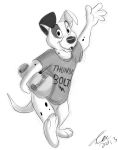  101_dalmatians 2013 3_toes 4_fingers anthro anthrofied bottomless canine clothed clothing cute dalmatian disney dog ehh123 fur greyscale holding_object looking_at_viewer male mammal monochrome open_mouth open_smile patch_(101_dalmatians) shirt signature simple_background skateboard sketch smile solo standing t-shirt toes waving white_background 