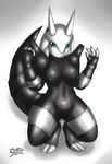  2009 4_fingers abstract_background aggron anthro breasts female horn kneeling looking_at_viewer mn_xenx mnxenx001 nintendo nipples nude pok&#233;mon pokemon presenting smile solo video_games 