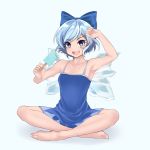  absurdres arm_up armpits blue_background blue_bow blue_eyes blue_hair blue_swimsuit bow cirno food full_body hair_bow highres holding holding_food ice ice_wings indian_style inoshin_(inixia1748) one-piece_swimsuit open_mouth popsicle short_hair simple_background sitting solo spaghetti_strap sweat swimsuit touhou wings 