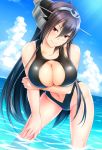  beach black_hair black_swimsuit blush breasts bukkan cleavage cleavage_cutout collarbone day hand_on_own_knee headgear kantai_collection large_breasts leaning_forward long_hair looking_at_viewer nagato_(kantai_collection) navel_cutout one-piece_swimsuit outdoors red_eyes shiny shiny_hair smile solo swimsuit upper_body wading 