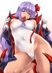  bb_(fate)_(all) bb_(swimsuit_mooncancer)_(fate) breasts commentary_request covered_navel covered_nipples dark_skin eyebrows_visible_through_hair fate/grand_order fate_(series) from_below gloves hair_ribbon kneeling leotard long_hair long_sleeves looking_at_viewer medium_breasts mizuhara_yuu mouth_hold purple_eyes purple_hair pussy_juice red_ribbon ribbon rip@lip solo white_gloves white_leotard 