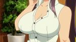  1girl amaya_haruko animated animated_gif blue_hair blush bouncing_breasts breasts cleavage drinking huge_breasts kaneko_hiraku maken-ki! maken-ki!_two purple_hair takami_akio xebec 