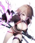  bangs belt belt_buckle bikini black_belt black_bikini black_gloves black_jacket breasts brown_eyes buckle cleavage commentary_request eyebrows_visible_through_hair fate/grand_order fate_(series) ginopi gloves hair_bobbles hair_ornament highres jacket jeanne_d'arc_(alter_swimsuit_berserker) jeanne_d'arc_(fate)_(all) katana leg_belt light_brown_hair long_sleeves looking_at_viewer medium_breasts navel o-ring o-ring_bikini o-ring_bottom o-ring_top parted_lips sheath sheathed shrug_(clothing) smile solo swimsuit sword weapon white_background 