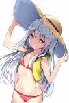  aqua_eyes arms_up bangs bikini blue_hair blush breasts closed_mouth collarbone commentary cowboy_shot eyebrows_visible_through_hair hair_between_eyes hands_on_headwear hat hibiki_(kantai_collection) highres kantai_collection kure_(kure_ng) long_hair navel open_clothes open_vest pink_bikini shiny shiny_hair sidelocks simple_background small_breasts smile solo stomach straw_hat string_bikini swimsuit thighs unzipped very_long_hair vest white_background yellow_vest 