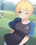  asymmetrical_hair bangs black_hair blonde_hair blurry blurry_background breasts day facing_away facing_viewer green_eyes highres idolmaster idolmaster_cinderella_girls long_hair looking_at_viewer medium_breasts miyamoto_frederica multiple_girls one_eye_closed outdoors playing_sports raglan_sleeves short_hair smile soccer soccer_uniform solo_focus sport sportswear sweat upper_body yuri_shoutu 