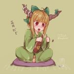  ahoge alcohol artist_name beer beer_bottle bottle bottle_cap bottle_opener bow cup cushion dated drinking_glass full_body green_background green_bow green_ribbon hair_bow holding holding_bottle horn_ribbon horns ibuki_suika indian_style january japanese_clothes kazaguruma light_brown_hair oni open_mouth opening red_eyes ribbon simple_background sitting solo touhou translated twitter_username zabuton 