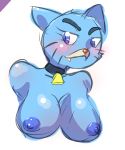  anthro areola argoth bell blue_eyes blue_fur blush breasts bust_portrait cartoon_network cat collar feline female fur looking_at_viewer mammal mature_female nicole_watterson nipples nude portrait simple_background sketch solo the_amazing_world_of_gumball whiskers 