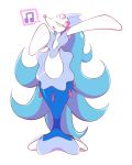  artsy-rc blue_hair commentary english_commentary highres long_hair musical_note pink_nose pokemon pokemon_(creature) pokemon_(game) pokemon_sm primarina sea_lion spoken_musical_note very_long_hair white_skin 