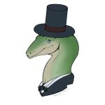  2018 alpha_channel alternate_version_at_source ambiguous_gender blue_eyes bow_tie chaptor clothed clothed_feral clothing digital_media_(artwork) dinosaur disembodied_head feral flamingtitania green_skin hat headshot_portrait looking_up portrait raptor side_view signature simple_background slit_pupils smile solo theropod top_hat transparent_background tuxedo white_skin 