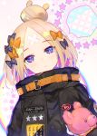  abigail_williams_(fate/grand_order) alternate_hairstyle atsumi_jun bandaid_on_forehead bangs belt black_bow black_jacket blonde_hair blue_eyes blush bow commentary fate/grand_order fate_(series) forehead hair_bow hair_bun heroic_spirit_traveling_outfit high_collar holding holding_stuffed_animal jacket long_hair looking_at_viewer orange_bow parted_bangs parted_lips polka_dot polka_dot_bow sleeves_past_fingers sleeves_past_wrists solo speech_bubble star stuffed_animal stuffed_toy teddy_bear 