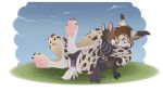  anthro cervine clothing feline female female/female feral gothic_lolita grass hi_res hooves hug lolita_(fashion) lying lynx maid. mammal on_back panties parfait_(nightdancer) pawpads paws pet playing underwear white_tailed_deer young zaire_(nightdancer) 