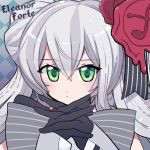  black_gloves blue_background character_name checkered checkered_background eleanor_forte gloves green_eyes hair_ornament interlocked_fingers lavie_(bansheestrikes) long_hair looking_at_viewer silver_hair solo synthesizer_v 