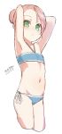  armpits arms_up bandeau bangs bare_arms bare_shoulders bikini blue_bikini blush brown_hair cropped_legs dated eyebrows_visible_through_hair green_eyes hair_bun halter_top halterneck looking_at_viewer maze_(gochama_ze_gohan) navel original parted_lips side-tie_bikini signature simple_background sketch solo swimsuit white_background 