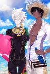  9tsumura arjuna_(fate/grand_order) ass_visible_through_thighs bare_chest beach black_hair blue_sky closed_mouth cloud cloudy_sky collarbone commentary_request dark_skin dark_skinned_male day fate/apocrypha fate/grand_order fate_(series) gold_trim goldion_hammer green_eyes hair_between_eyes holding hood hood_down hooded_jacket jacket jewelry karna_(fate) long_sleeves looking_at_viewer male_focus multiple_boys necklace ocean outdoors pale_skin skin_tight skinny sky spiked_hair standing sunlight thigh_gap toned unzipped very_dark_skin white_hair 