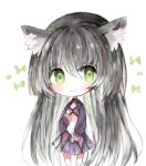  animal_ear_fluff animal_ears bad_id bad_pixiv_id bangs black_hair blush cat_ears chibi closed_mouth cottontailtokki eyebrows_visible_through_hair full_body green_eyes hair_between_eyes hand_up isekai_maou_to_shoukan_shoujo_dorei_majutsu long_hair long_sleeves looking_at_viewer navel pleated_skirt purple_skirt rem_galeu skirt smile solo standing very_long_hair 