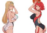  arms_up ass ball bare_shoulders beachball blonde_hair blush breasts earrings eyebrows_visible_through_hair gem go-m hair_ornament highres hikari_(xenoblade_2) homura_(xenoblade_2) jewelry large_breasts long_hair looking_at_viewer looking_back multiple_girls navel one-piece_swimsuit red_eyes red_hair simple_background smile suspenders swimsuit tiara white_background xenoblade_(series) xenoblade_2 yellow_eyes 