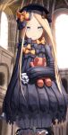  abigail_williams_(fate/grand_order) absurdres bangs black_bow black_dress black_hat blonde_hair bloomers blue_eyes blurry blurry_background blush bow bug butterfly closed_mouth commentary_request cowboy_shot day depth_of_field dress fate/grand_order fate_(series) forehead hair_bow hat highres indoors insect light_frown long_hair long_sleeves object_hug orange_bow parted_bangs polka_dot polka_dot_bow sanbe_futoshi sleeves_past_fingers sleeves_past_wrists solo stuffed_animal stuffed_toy sunlight teddy_bear underwear very_long_hair white_bloomers window 