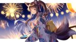  :d aerial_fireworks animal_ears bangs blurry blurry_background blush brown_hair check_character commentary depth_of_field eyebrows_visible_through_hair fingernails fireworks floral_print fox_ears fox_girl fox_tail from_side hair_between_eyes highres holding itsia japanese_clothes kimono kitsune long_hair long_sleeves looking_at_viewer looking_to_the_side multiple_tails night night_sky obi open_mouth ponytail print_kimono purple_eyes railing sash sky smile solo suzune_(teria_saga) tail teria_saga two_tails white_kimono wide_sleeves wind_chime 