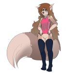  anthro big_tail black_nose bottomless cat clothed clothing dipstick_tail featureless_crotch feline female hair legwear long_hair mammal moomanibe multicolored_tail shirt simple_background solo thigh_highs 