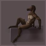  2018 5_fingers abs absurd_res animal_genitalia animal_penis anthro balls biceps biped brown_balls brown_eyes brown_hair brown_mane brown_penis brown_skin digital_media_(artwork) eden_myrric equine equine_penis flamingtitania grey_background grey_border hair hi_res hooves horse horse_tail male mammal medial_ring muscular nude penis presenting presenting_penis side_view simple_background sitting solo tail_wraps watermark white_skin wraps 