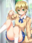  bangs blonde_hair blue_neckwear blue_skirt blue_sky chair classroom closed_mouth cloud collarbone collared_shirt commentary_request curtains day desk eyebrows_visible_through_hair green_eyes hand_up highres ichigo_100_percent indoors legs light_blush long_sleeves looking_at_viewer neckerchief nishino_tsukasa on_desk plaid pleated_skirt pointing pointing_at_viewer ribbon sailor_collar school_desk school_uniform serafuku shinki_(user_srrn2727) shirt short_hair sitting sitting_on_desk skirt sky smile socks solo sweater thighs tree white_legwear white_shirt window yellow_sweater 