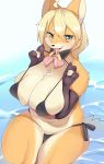  anthro armwear big_breasts blonde_hair blush breasts canine clothed clothing drooling faeki faeki_(character) female fox fur hair kemono mammal nipple_bulge saliva skimpy slightly_chubby solo swimsuit thick_thighs tongue tongue_out water wide_hips 
