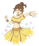  brown_hair dancer green_eyes jewelry kina_kirin long_hair necklace octopath_traveler one_eye_closed open_mouth short_hair simple_background smile solo tressa_(octopath_traveler) 