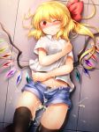  alternate_costume bangs black_legwear black_panties blonde_hair blush camisole commentary_request contemporary cowboy_shot crystal cum cumdrip denim denim_shorts eyebrows_visible_through_hair eyes_visible_through_hair facial fang_out flandre_scarlet floor from_above hair_between_eyes hair_ribbon hand_up head_tilt highres long_hair looking_at_viewer lying m9kndi midriff nail_polish no_hat no_headwear nose_blush on_back one_eye_closed one_side_up open_fly panties pink_nails red_eyes red_ribbon ribbon school_uniform see-through shadow shirt short_shorts short_sleeves shorts solo thighhighs thighs touhou unbuttoned underwear white_shirt wing_collar wings 