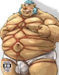  2017 anthro balls blush boar brown_fur bulge clothing cum fur gouryou humanoid_hands kotobuki male mammal mohawk moobs navel nipples overweight overweight_male penis porcine solo sweat tokyo_afterschool_summoners underwear 