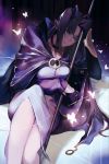  blue_eyes blue_ribbon bug butterfly cape caster dress fate/stay_night fate_(series) gloves grey_dress hair_ribbon half_gloves highres holding holding_staff insect jewelry long_hair looking_at_viewer pointy_ears purple_cape purple_gloves purple_hair reroi ribbon ring short_dress sitting smile solo staff 
