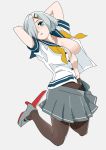  aqua_eyes arms_behind_head arms_up blue_sailor_collar breasts brown_legwear buttons collarbone commentary_request covered_nipples expressionless full_body grey_background grey_footwear grey_hair grey_skirt hair_ornament hair_over_one_eye hairclip hamakaze_(kantai_collection) hips kantai_collection large_breasts looking_at_viewer miniskirt navel no_bra no_panties ojipon open_clothes open_shirt open_skirt pantyhose parted_lips perky_breasts pleated_skirt ribs rudder_shoes sailor_collar school_uniform serafuku shirt short_hair short_sleeves simple_background single_horizontal_stripe sketch skirt sleeve_cuffs solo unbuttoned unbuttoned_shirt very_short_hair white_shirt 