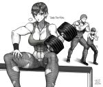  2boys abs anger_vein belt_buckle blush breasts buckle chain_necklace character_name cleavage crop_top crossed_arms denim dumbbell exercise greyscale helmet highres jeans jewelry large_breasts midriff monochrome multiple_boys mumen_rider muscle muscular_female navel one-punch_man pants pendant short_hair sitting solo_focus sweat tank_top tanktop_girl tanktop_master the_golden_smurf thick_thighs thighs torn_clothes torn_jeans torn_pants 