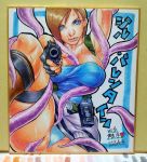  blue_eyes fingerless_gloves gloves gun handgun jill_valentine panties pistol resident_evil sawao tentacles underwear weapon 