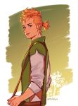  alfyn_(octopath_traveler) bag brown_eyes from_side green_background jacket long_hair looking_at_viewer male_focus mella octopath_traveler orange_hair short_ponytail shoulder_bag simple_background smile solo twitter_username upper_body 