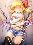  alternate_costume bangs black_legwear black_panties blonde_hair blush camisole commentary_request contemporary cowboy_shot crystal cum cumdrip denim denim_shorts eyebrows_visible_through_hair eyes_visible_through_hair facial fang_out flandre_scarlet floor from_above hair_between_eyes hair_ribbon hand_up head_tilt highres long_hair looking_at_viewer lying m9kndi midriff nail_polish no_hat no_headwear nose_blush on_back one_eye_closed one_side_up open_fly panties pink_nails red_eyes red_ribbon ribbon school_uniform see-through shadow shirt short_shorts short_sleeves shorts solo thighhighs thighs touhou translation_request unbuttoned underwear white_shirt wing_collar wings 